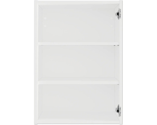 Binnenaanzicht van een witte badkamerkast met twee legplanken