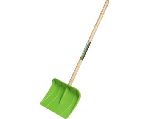 Groene sneeuwschuiver met houten steel