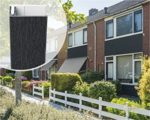 ESCADE Eindprofiel alu/pvc folie antraciet RAL7016 17x40x3000mm Buitengevel met zonnescherm en gedetailleerde close-up van een zonnescherm