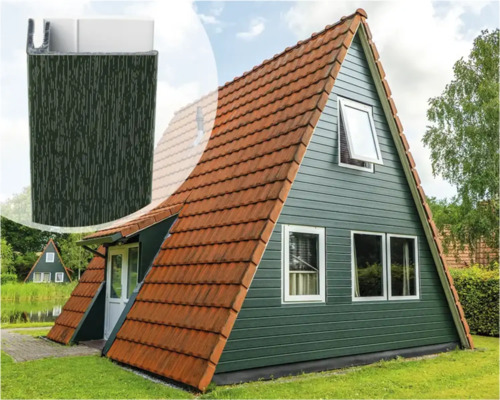 ESCADE Afwerkprofiel eind aluminium/pvc RAL6009 donkergroen, 17-23mm 3000mm A-vormig huis met gevelbekleding en rood pannendak. Vergrote weergave van de gevelbekleding.
