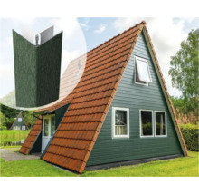 A-vormig huis met gevelbekleding en detailaanzicht van een gevelpaneel