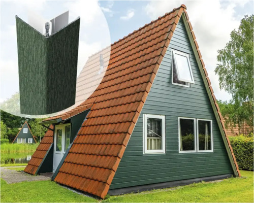 ESCADE Afwerkprofiel buitenhoek aluminium/pvc RAL6009 donkergroen, 45x45x3000mm A-vormig huis met gevelbekleding en detailaanzicht van een gevelpaneel