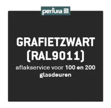 Perlura Logo. Lakservice voor glazen deuren in grafietzwart RAL9011.