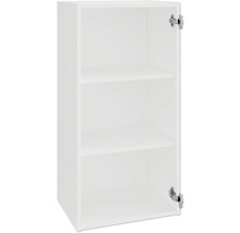 Witte hangkast met twee legplanken en een open deur.