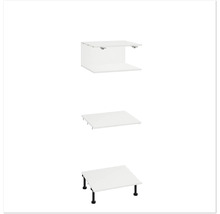 Drie aanzichten van een wit badkamermeubel met plank en poten