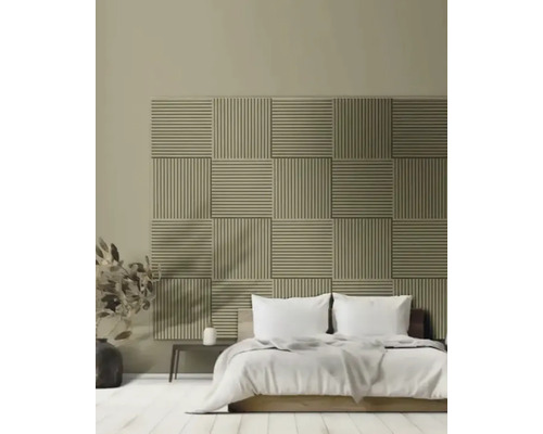 Slaapkamer met akoestisch paneelwand, bed en nachtkastje Slaapkamer met akoestisch paneelwand, bed en nachtkastje