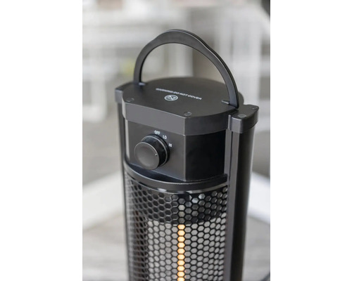 Zwarte terrasverwarmer met handgreep en draaiknop