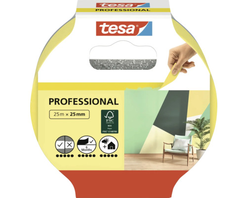 TESA Professional Indoor schilderstape geel 25 m x 25 mm Tesa Professional schilderstape, 25 mm x 25 m