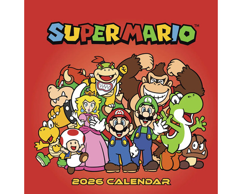 Super Mario kalender 2026 met verschillende karakters.