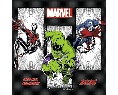 Marvel kalender 2026 met de stripfiguren Spider-Man, Hulk en Captain America
