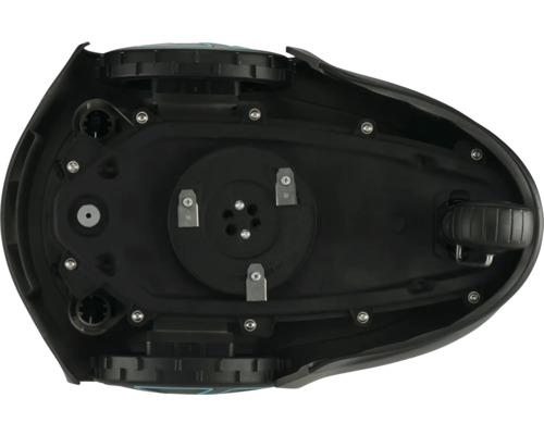 Onderkant van een robotmaaier met wielen en snijgereedschap