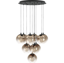 Hanglamp met meerdere ronde glazen lampenkappen en zwarte ophanging aan een plafondbevestiging.