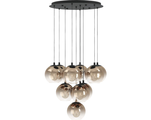 Hanglamp met meerdere ronde glazen lampenkappen en zwarte ophanging aan een plafondbevestiging.
