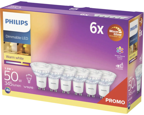 Verpakking met zes dimbare Philips ledlampen met GU10 fitting