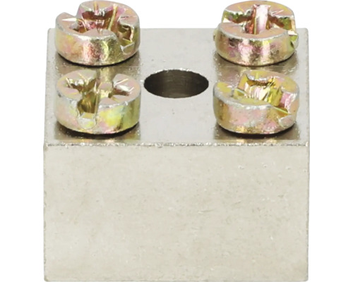 Metalen connector met vier schroeven en een centrale boring