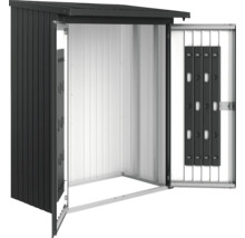 Metalen tuinhuis met open deuren.