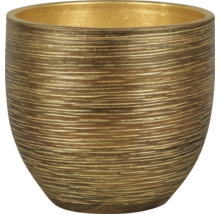Gouden bloempot met horizontale lijnen.