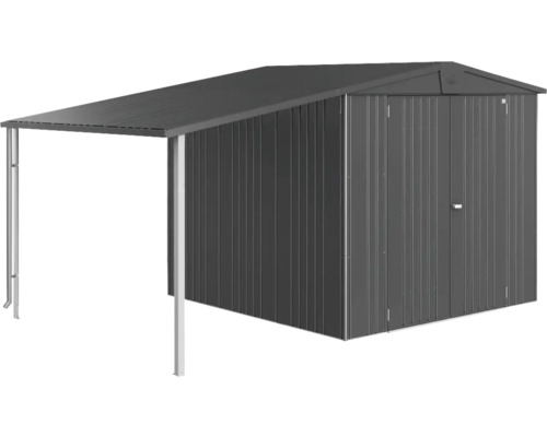 Metalen tuinhuis met overkapping voor het opbergen van tuingereedschap en gereedschap