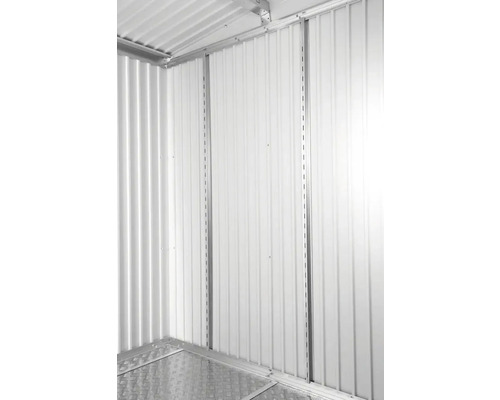 BIOHORT Schapstaanders 2 st zilver tbv berging AvantGarde, HighLine, Panorama 185 cm Interieur van een tuinhuis met metalen wanden en vloer
