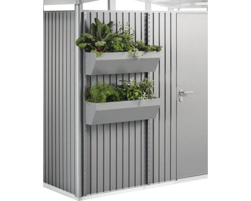 Metalen tuinhuis met twee beplante kruidenbakken