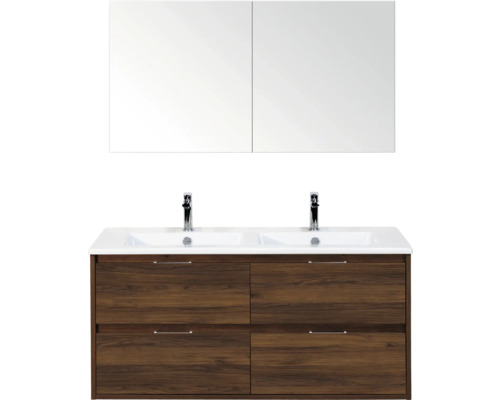 Badkamermeubelset met dubbele wastafel, onderkast en spiegelkast