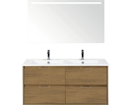 Wastafelonderkast met dubbele wastafel en verlichte spiegel voor de badkamer