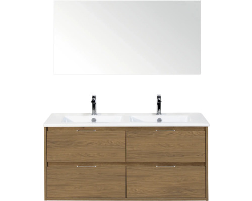 Wastafelmeubel met dubbele wasbak, onderkast met laden en spiegel