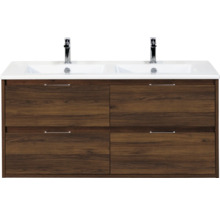 Wastafelonderkast met twee wastafels en vier lades in houtlook