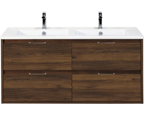 Wastafelonderkast met twee wastafels en vier lades in houtlook