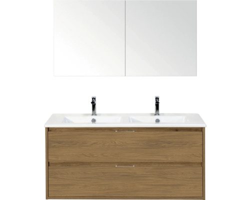 SANOX Badkamermeubelset Porto eiken 120 cm met twee lades incl. dubbele keramische wastafel met twee kraangaten en spiegelkast Wastafelcombinatie met twee wastafels, onderkast en spiegelkast