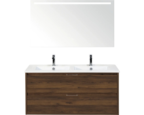SANOX Badkamermeubelset Porto walnoot 120 cm met twee lades incl. dubbele keramische wastafel met twee kraangaten en spiegel met verlichting Wastafelmeubel met twee waskommen, onderkast en verlichte spiegel