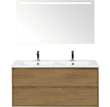 Wastafelmeubel met twee wastafels, onderkast en spiegel met verlichting voor de badkamer