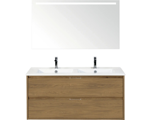 SANOX Badkamermeubelset Porto eiken 120 cm met twee lades incl. dubbele keramische wastafel met twee kraangaten en spiegel met verlichting Wastafelmeubel met twee wastafels, onderkast en spiegel met verlichting voor de badkamer
