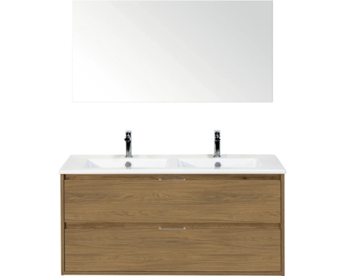 SANOX Badkamermeubelset Porto eiken 120 cm met twee lades incl. dubbele keramische wastafel met twee kraangaten en spiegel Dubbele wastafel met spiegel en twee lades