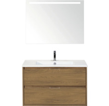 Wastafelmeubel met onderkast, wastafel, kraan en spiegel met verlichting