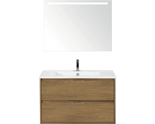 Wastafelmeubel met onderkast, wastafel, kraan en spiegel met verlichting