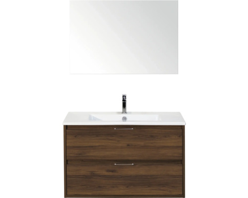 SANOX Badkamermeubelset Porto walnoot 90 cm met twee lades incl. keramische wastafel met één kraangat en spiegel Wastafelonderkast met spiegel en twee laden