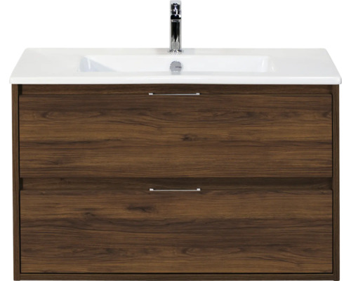 SANOX Badkamermeubelset Porto walnoot 90 cm met twee lades incl. keramische wastafel met één kraangat Wastafelonderkast met twee laden, wastafel en kraan