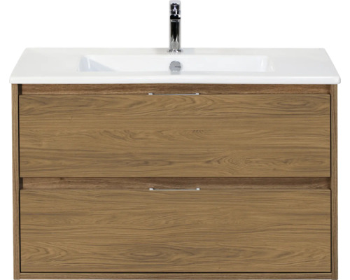 SANOX Badkamermeubelset Porto eiken 90 cm met twee lades incl. keramische wastafel met één kraangat Wastafelonderkast met twee laden, wasbak en kraan
