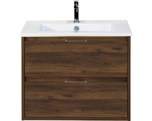 SANOX Badkamermeubelset Porto walnoot 70 cm met twee lades incl. keramische wastafel met één kraangat Wastafelonderkast met twee laden en wastafel