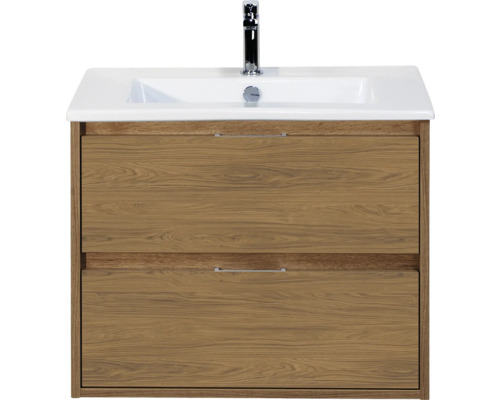SANOX Badkamermeubelset Porto eiken 70 cm met twee lades incl. keramische wastafel met één kraangat Wastafelonderkast met twee laden, wastafel en kraan