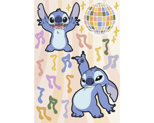 Illustratie met twee Stitch-figuren, discobal, muzieknoten en sterren