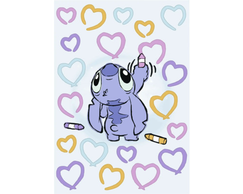 Cartoonfiguur Stitch met kleurpotloden en hartjes