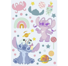 Illustratie met stripfiguren, sterren, planeten en regenbogen