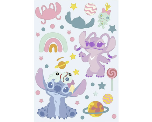 Illustratie met stripfiguren, sterren, planeten en regenbogen