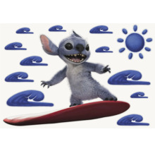 Muursticker met Stitch figuur die surft, omgeven door golven en een zon
