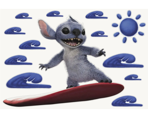 Muursticker met Stitch figuur die surft, omgeven door golven en een zon