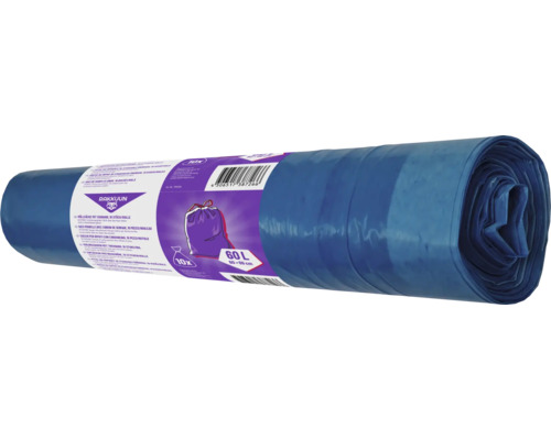 Rol blauwe vuilniszakken met trekband, 60 liter inhoud