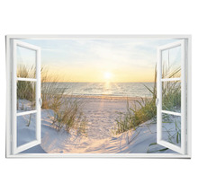 Muurdecoratie met uitzicht vanuit het raam op het strand bij zonsopgang