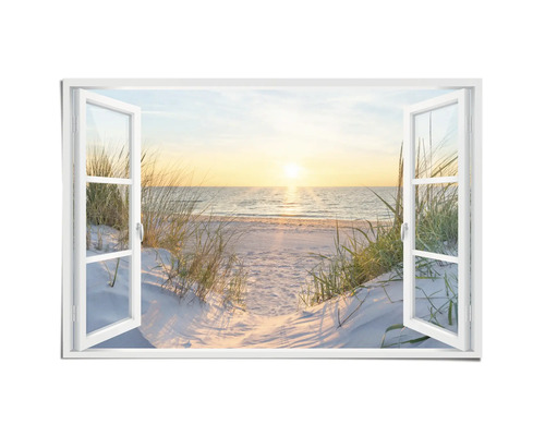 Muurdecoratie met uitzicht vanuit het raam op het strand bij zonsopgang